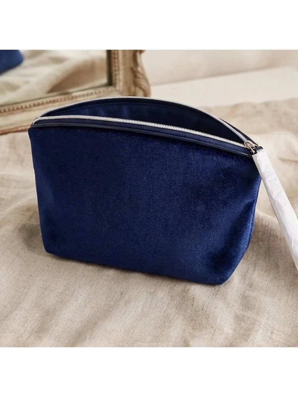 Lancome Dark Blue Velvet Luxury Makeup Cosmetics Bag Wrist Strap Zipper Clutch